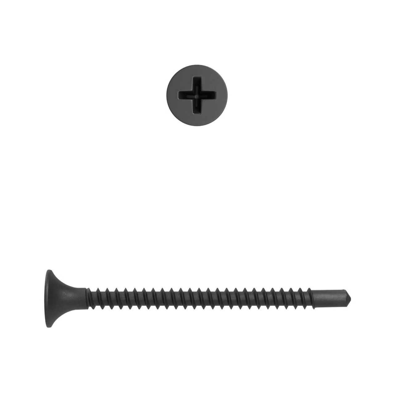 The Go Build #6 x 1-1/4 in. Self-Drilling Fine Thread Drywall Screw (5 lb., 1298/Pack) is shown from the side and top, highlighting its fine threaded body and Phillips drive.